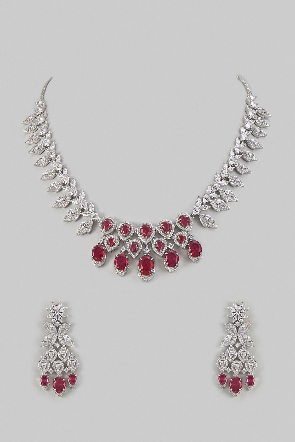 White Finish Zircon & Ruby Necklace Set