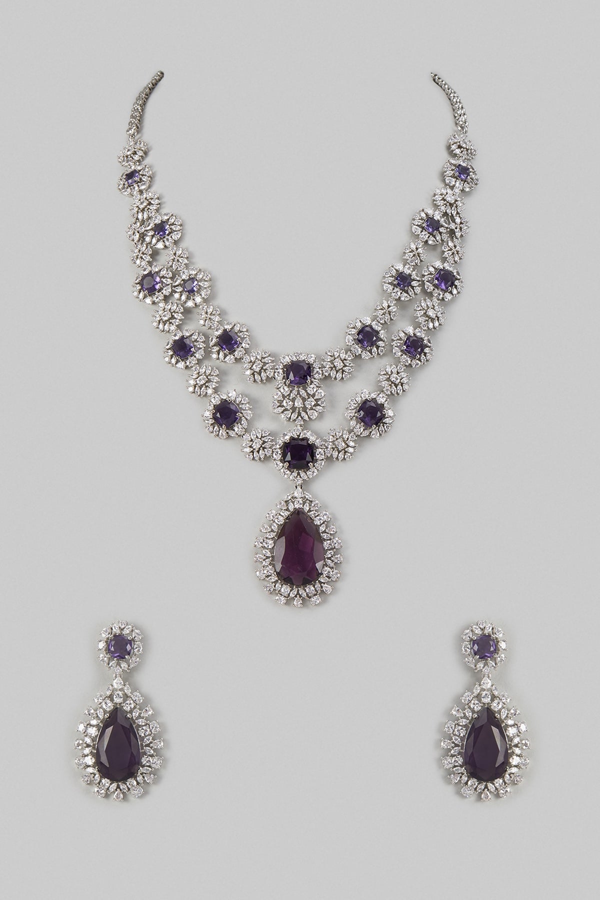 White Finish Ruby & Zircon Layered Necklace Set