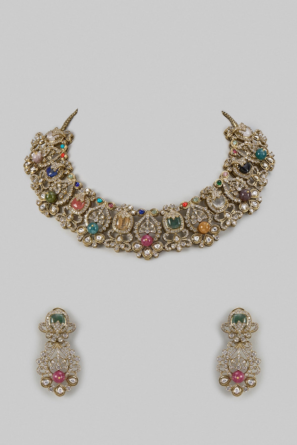 Gold Finish Multi-Colored Stone & Pearl Choker Necklace Set