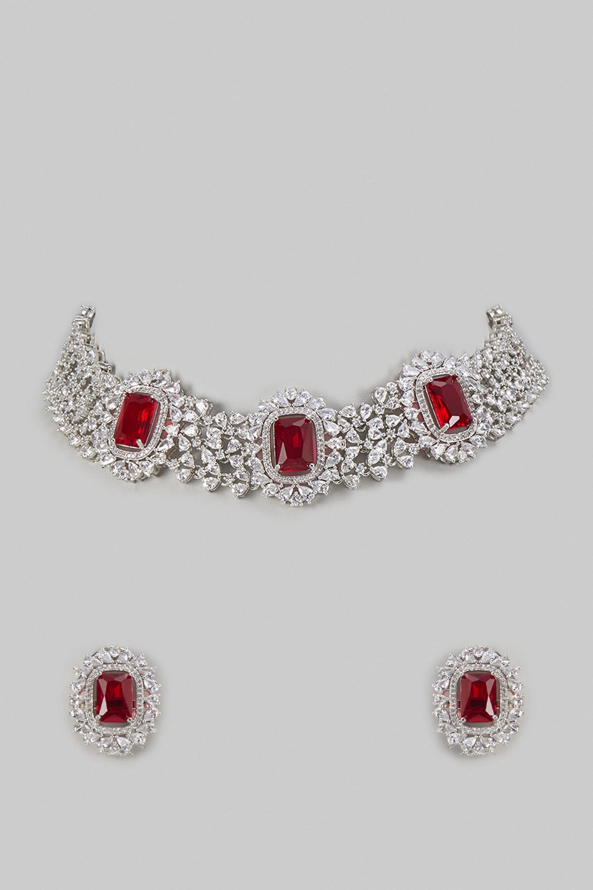 White Finish Ruby & Zircon Choker Necklace Set