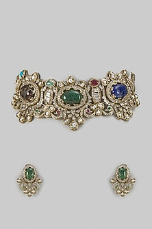 Gold Finish Multi-Colored Stone & Zircon Choker Necklace Set
