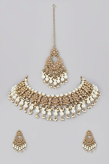 Gold Finish Kundan Polki & Pearls Necklace Set