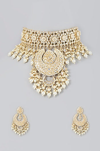 Gold Finish Necklace Set With Kundan Polki