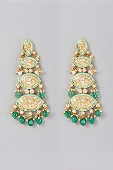 Gold Finish Kundaan Polki & Pearls Dangler Earrings