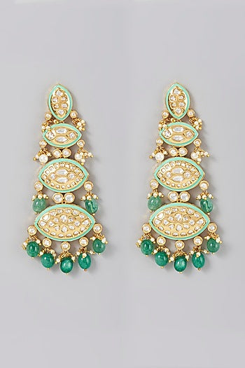 Gold Finish Kundaan Polki & Pearls Dangler Earrings