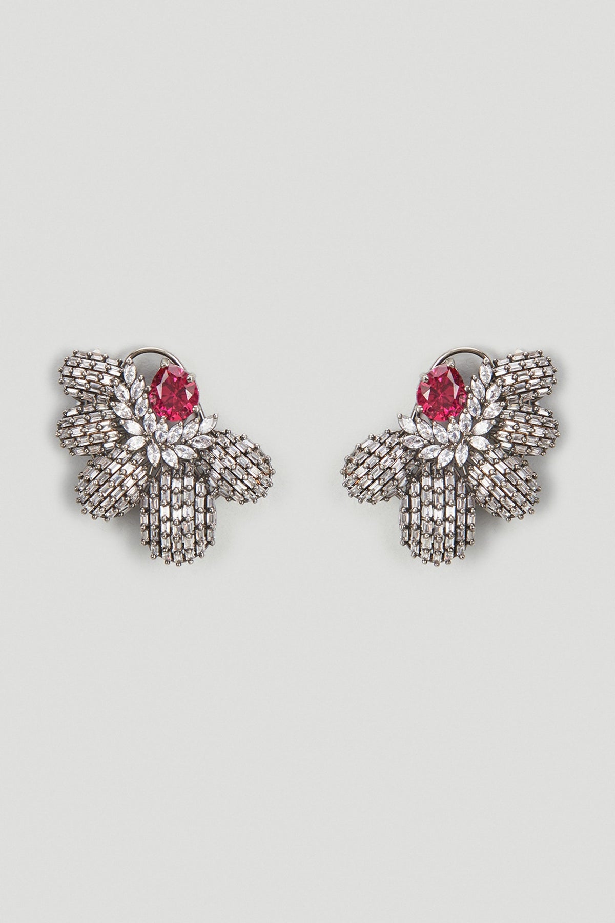 Black Rhodium Finish Ruby Stone & Zircon Stud Earrings
