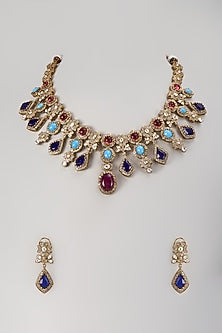 Gold Finish Ruby & Kundan Polki Necklace Set
