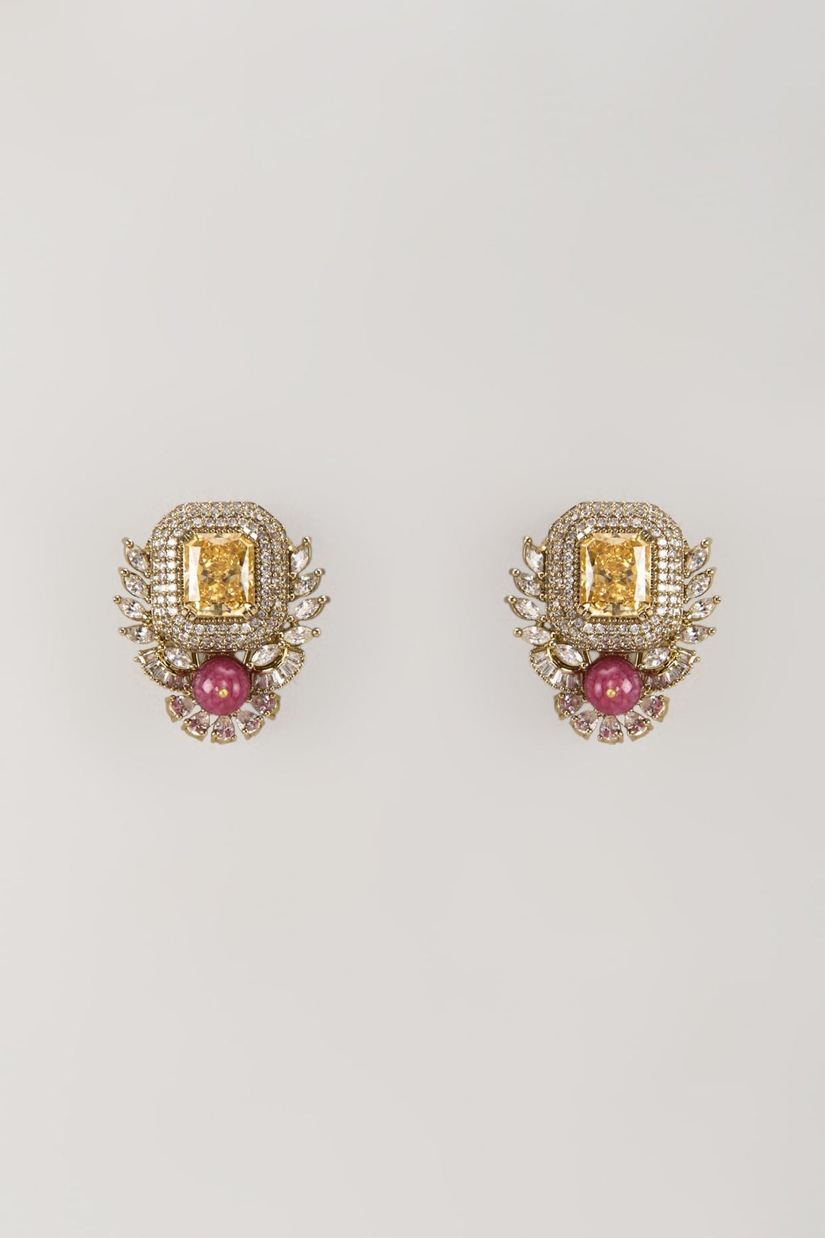 Gold Finish Zircon & Ruby Stone Stud Earrings