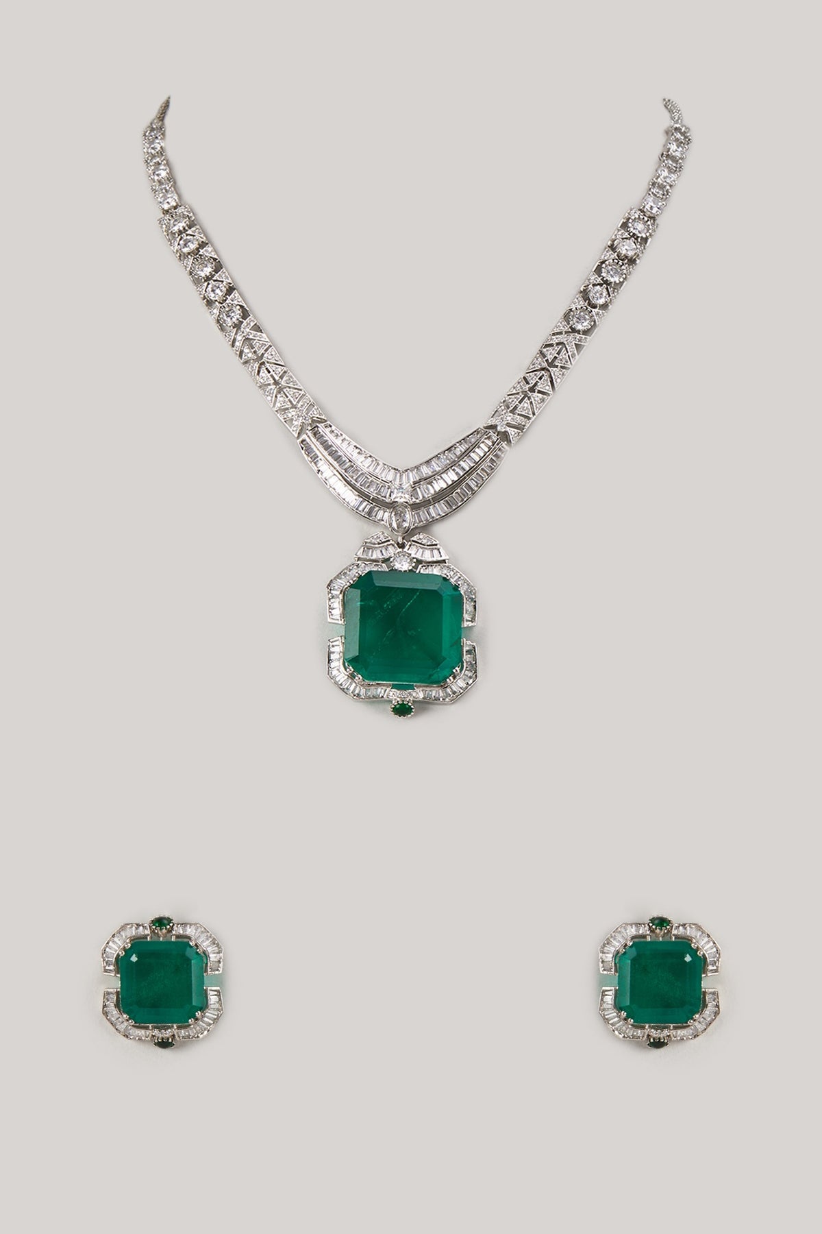 Silver Finish Emerald & Zircon Necklace Set