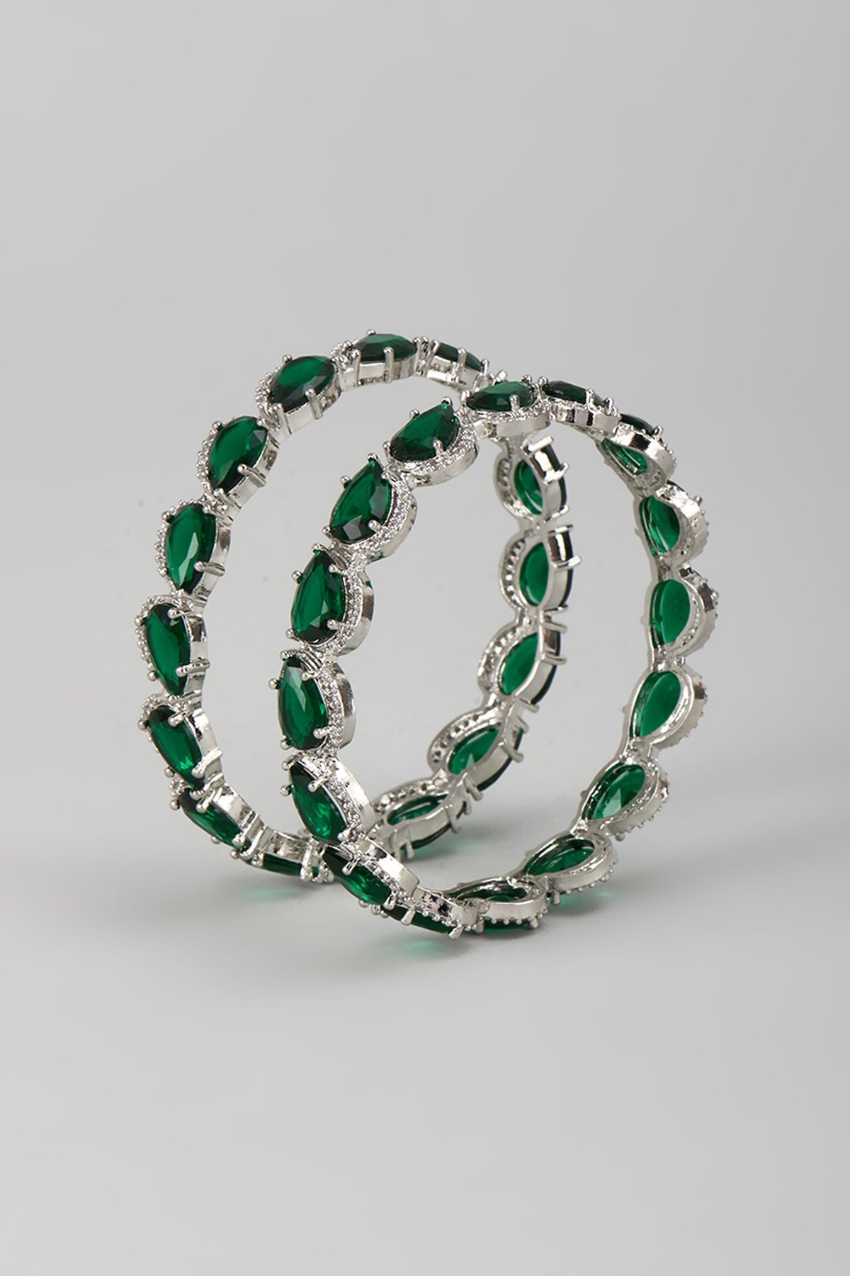 Silver Finish Zircon & Emerald Stone Bangles (Set Of 2)