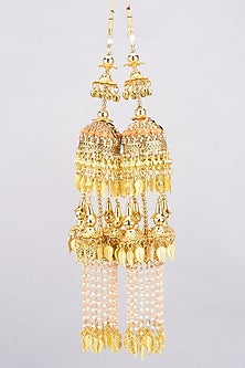 Gold Finish Hanging Kaleeras With Orange Stones