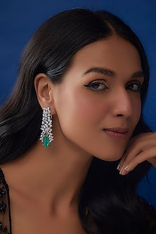 White Finish Zircon & Emerald Stone Dangler Earrings
