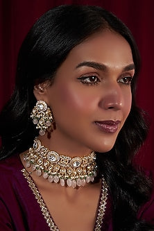 Gold Finish Kundan Polki & Pink Beaded Choker Necklace Set