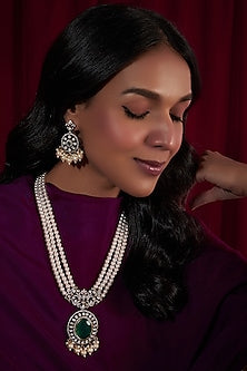 Gold Finish Emerald Stone & Pearl Long Necklace Set