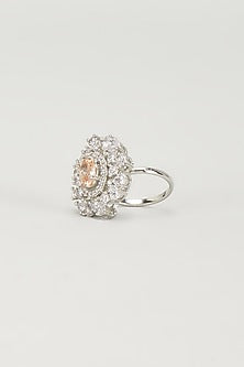 White Finish Zircon & Peach Stone Ring