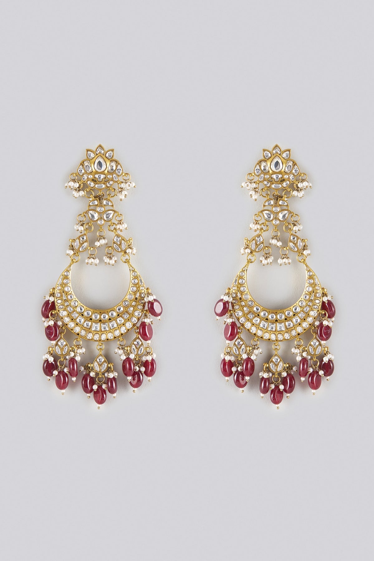 Gold Finish Kundan Polki & Ruby Beaded Dangler Earrings