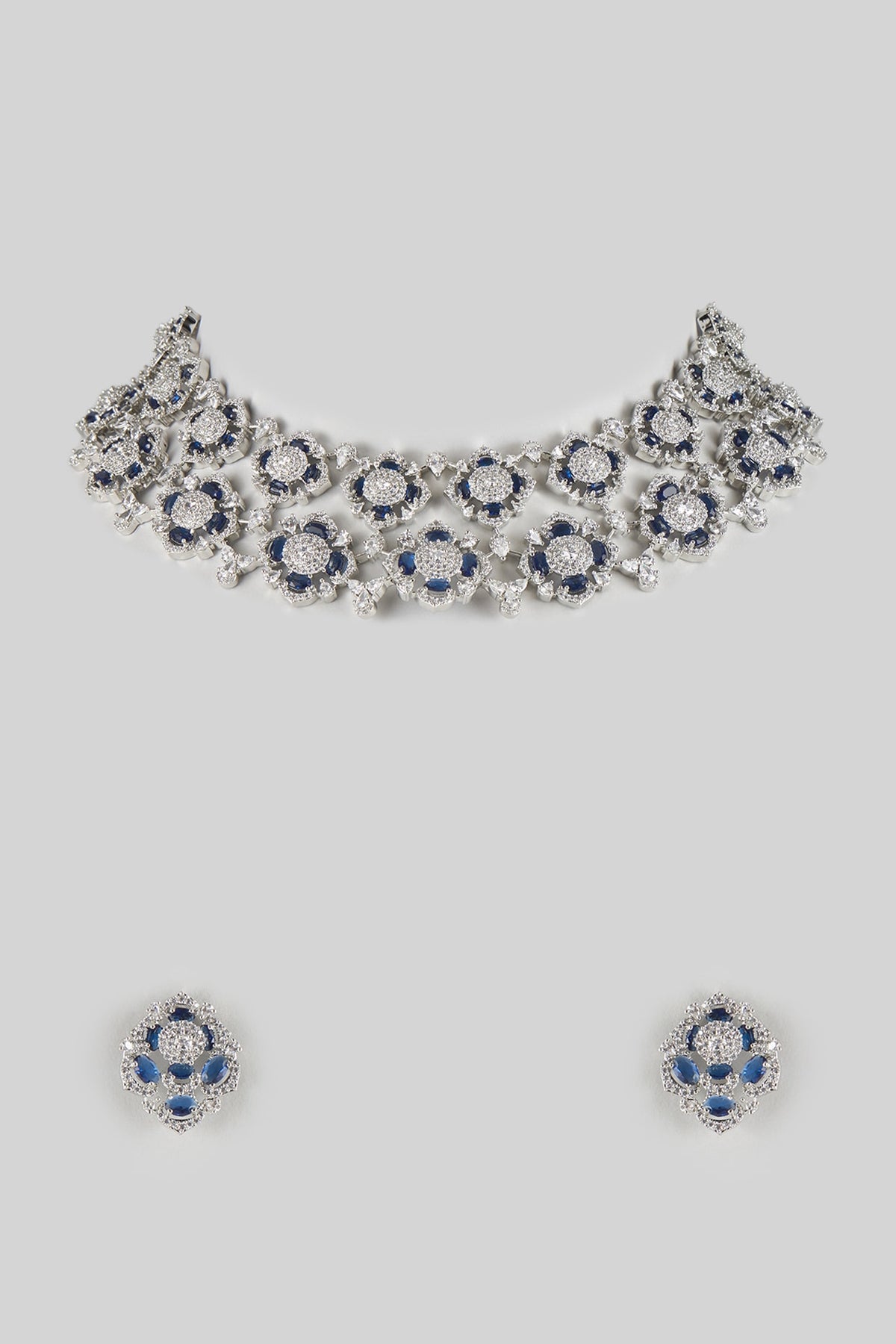 White Gold Finish Zircon & Blue Sapphire Stone Necklace Set