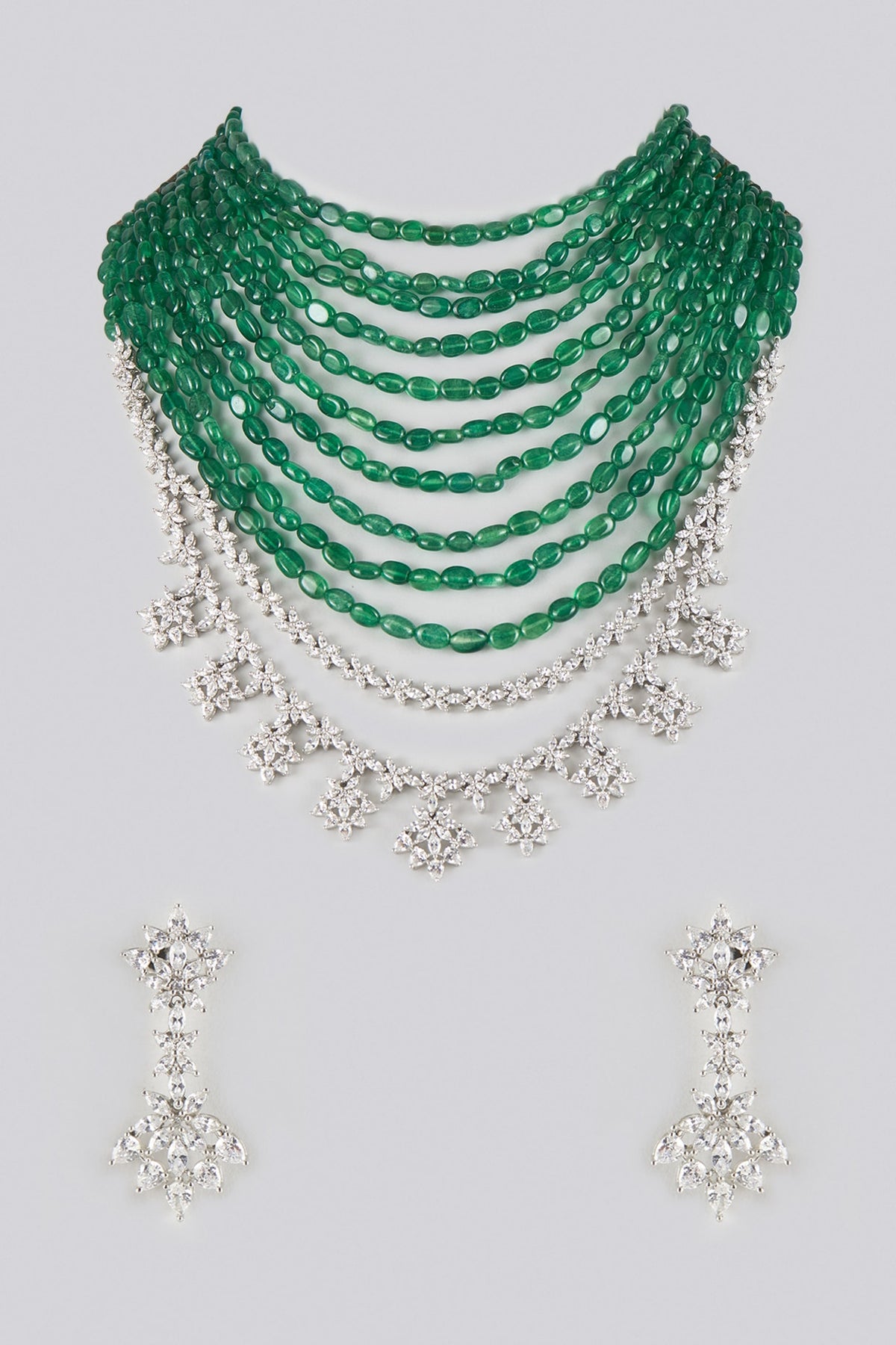 White Gold Finish Zircon & Emerald Beaded Layered Necklace Set