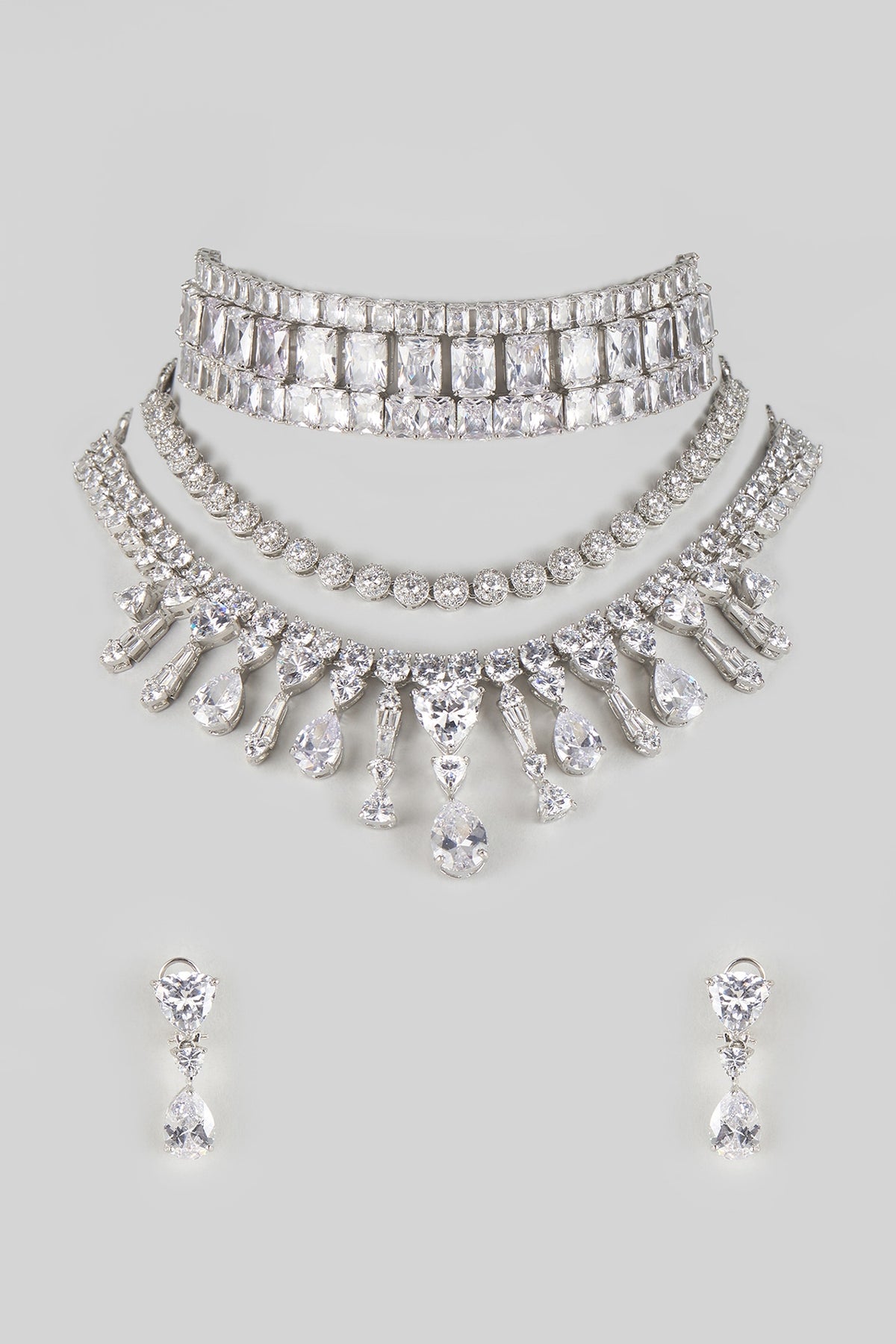 White Gold Finish Zircon Layered Necklace Set