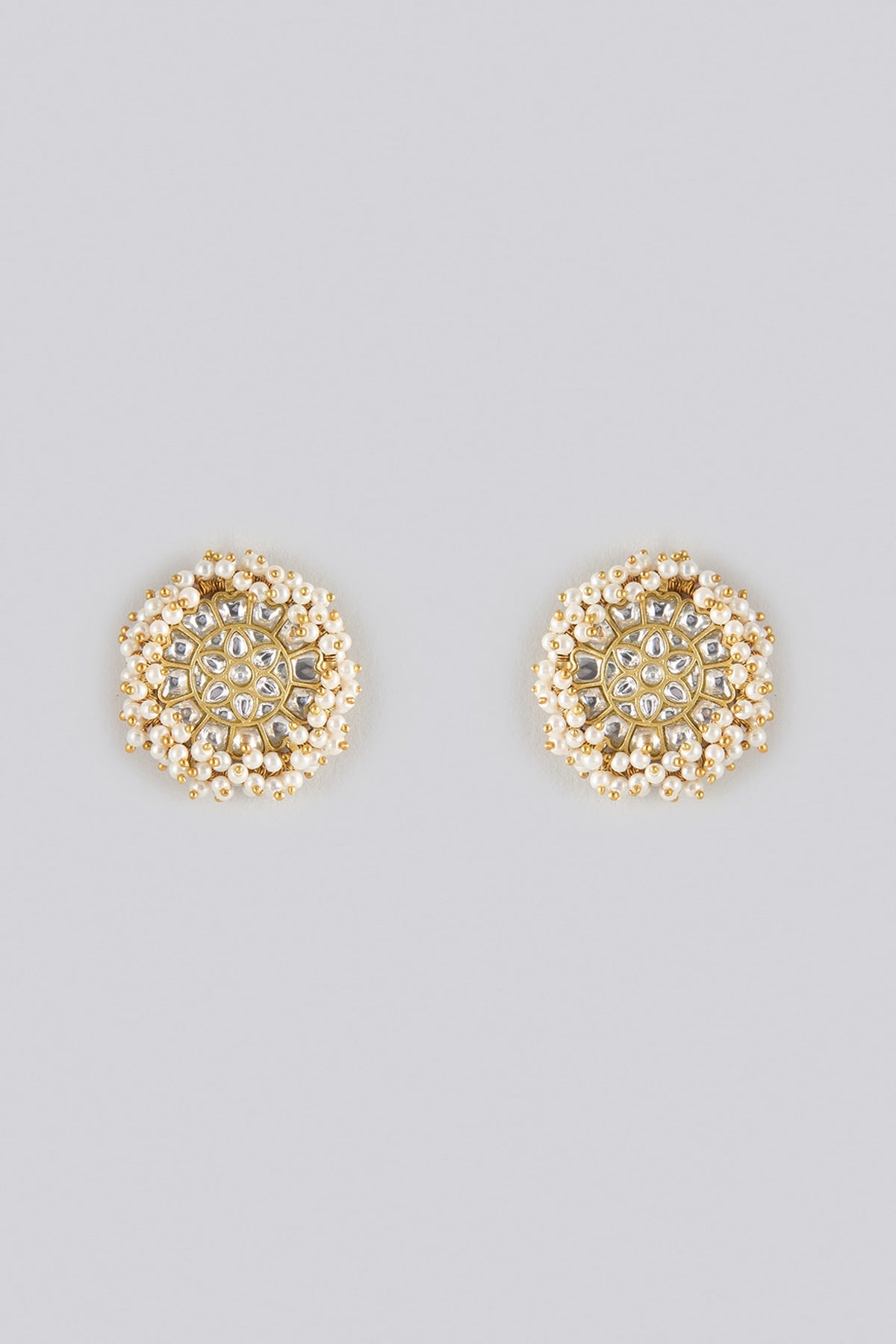 Gold Finish Kundan Polki & Pearl Stud Earrings