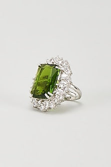 White Finish Green Stone & Zircon Oval Ring