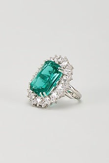 White Finish Teal Stone & Zircon Oval Ring
