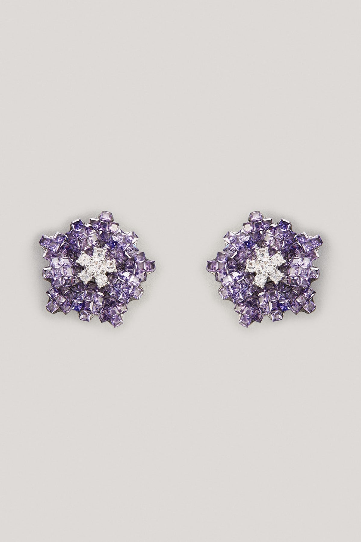 White Finish Dark Purple Zircon Floral Stud Earrings