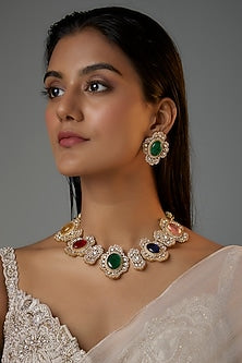 Gold Finish Multi-Colored Stone & Kundan Polki Choker Necklace Set
