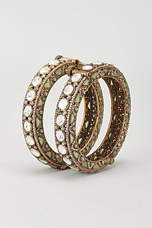Gold Finish Green Stone & Kundan Polki Kadas (Set Of 2)