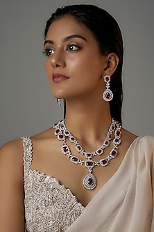 White Finish Red Zircon Layered Long Necklace Set