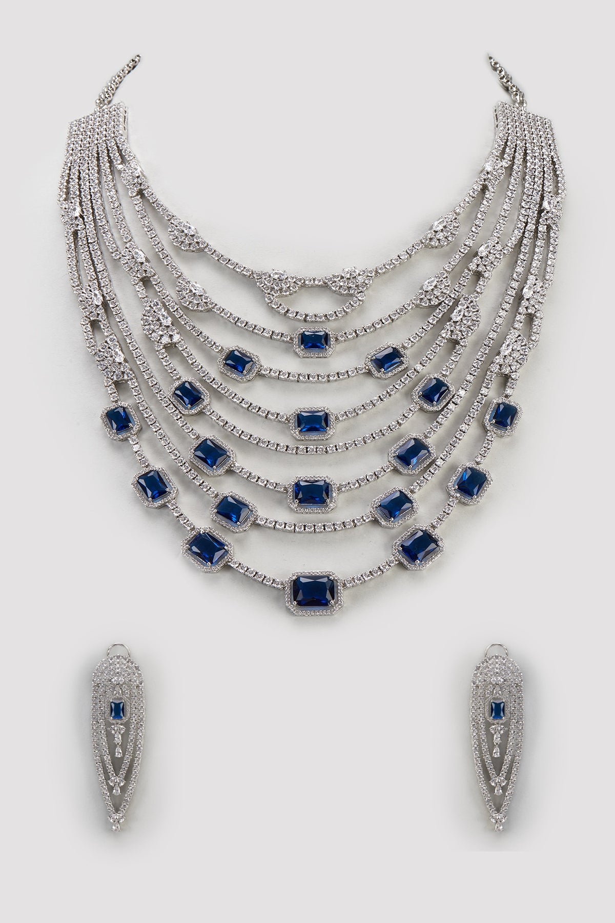 White Finish Blue Sapphire & Zircon Layered Long Necklace Set