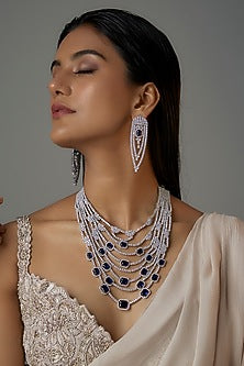 White Finish Blue Sapphire & Zircon Layered Long Necklace Set