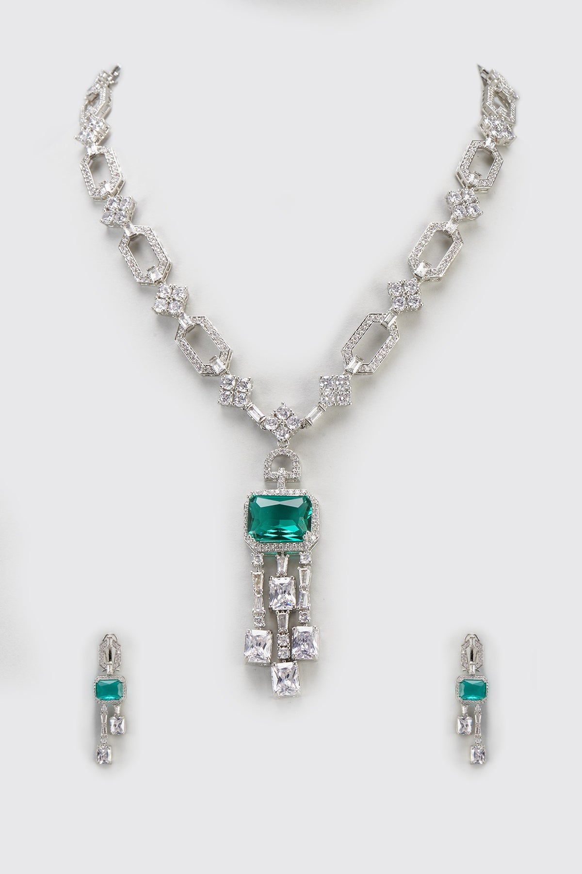 White Finish Aqua Stone & Zircon Long Necklace Set