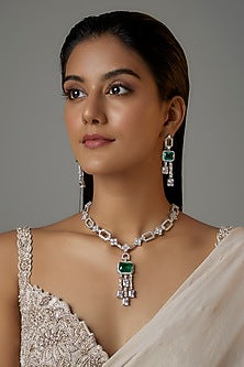 White Finish Aqua Stone & Zircon Long Necklace Set