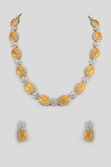 Gold Finish Zircon & Citrine Stone Long Necklace Set
