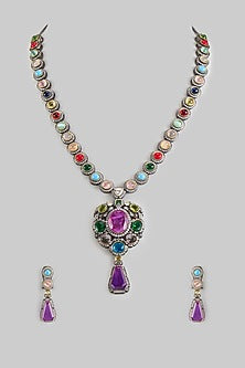 Gold Finish Zircon & Multi-Colored Stone Long Necklace Set