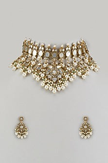 Gold Finish Zircon & Pearl Beaded Choker Necklace Set