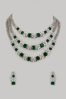 White Finish Zircon & Emerald Layered Necklace Set