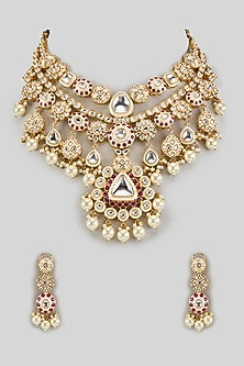 Gold Finish Ruby & Pearl Beaded Long Necklace Set