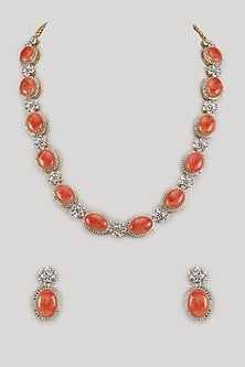 Gold Finish Orange Moonstone & Zircon Long Necklace Set