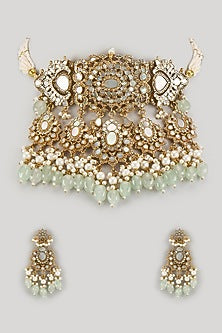 Gold Finish Mother Of Pearl & Blue Beaded Choker Necklace Set