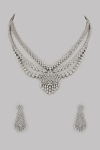White Finish Moissanite & Zircon Long Necklace Set