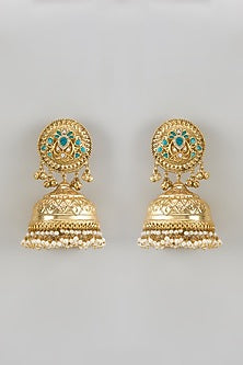 Gold Finish Kundan Polki & Blue Howlite Stone Dangler Earrings