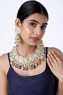Gold Finish Kundan Polki Meenakari Choker Necklace Set