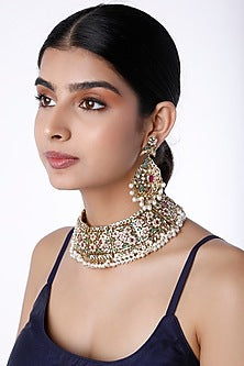 Gold Finish Pearl Choker Necklace Set