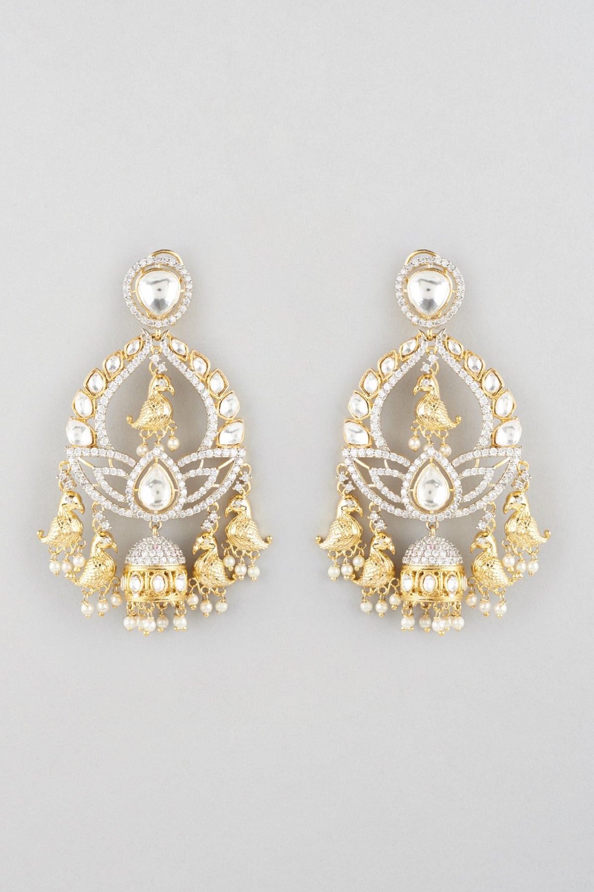 Gold Finish Faux Diamond Chandbali Jhumkas With Pearls