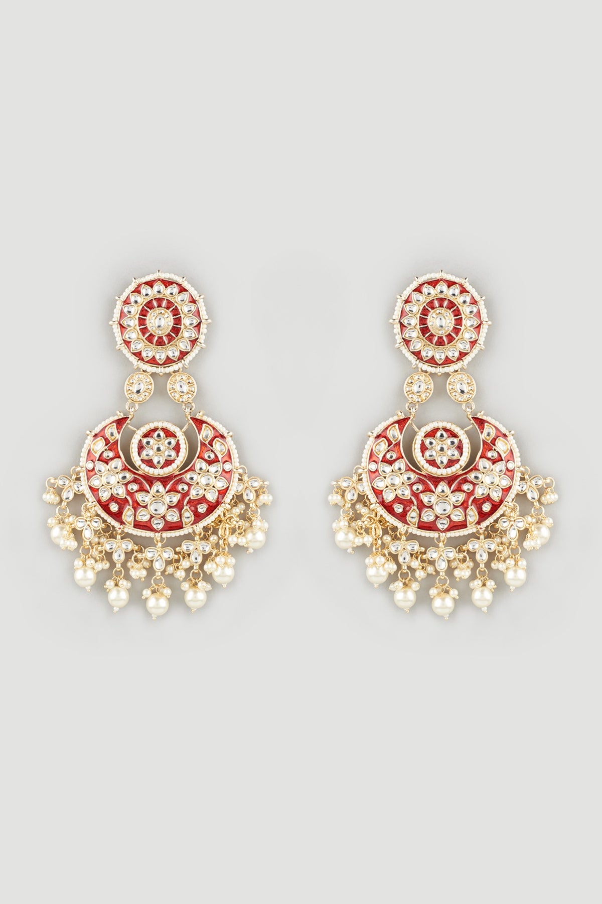 Gold Finish Maroon Glass & Pearl Chandbali Earrings