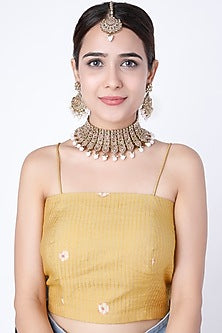 Gold Finish Pink Beaded Choker Necklace Set