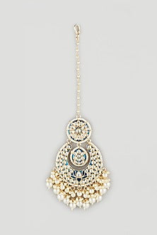 Gold Finish Meenakari Chandbali Earrings With Maang Tikka