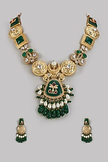 Gold Finish Kundan Polki & Emerald Stone Meenakari Long Necklace Set